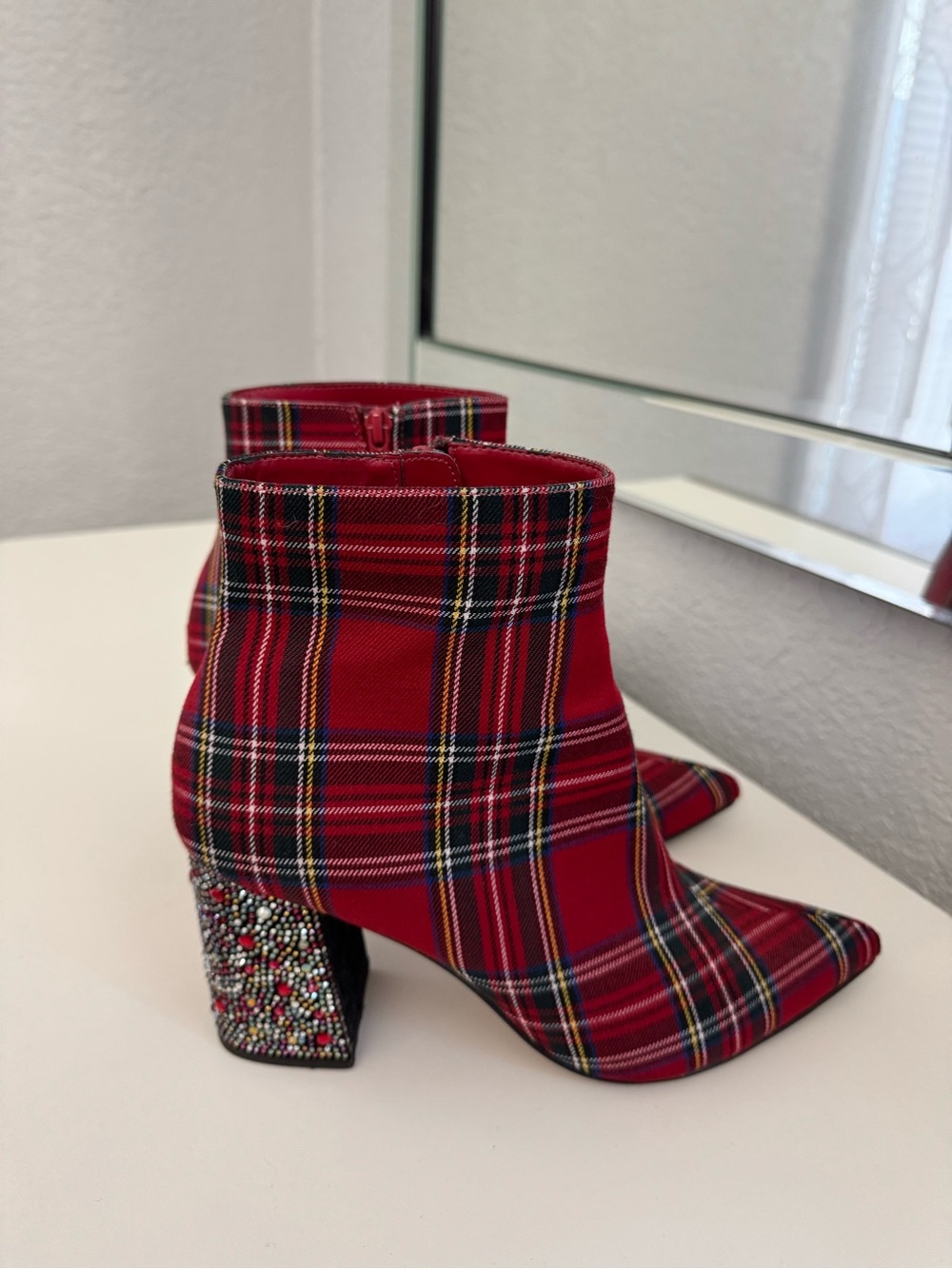 Betsey Johnson Red Plaid Ankle Boots with Embellished Block Heel